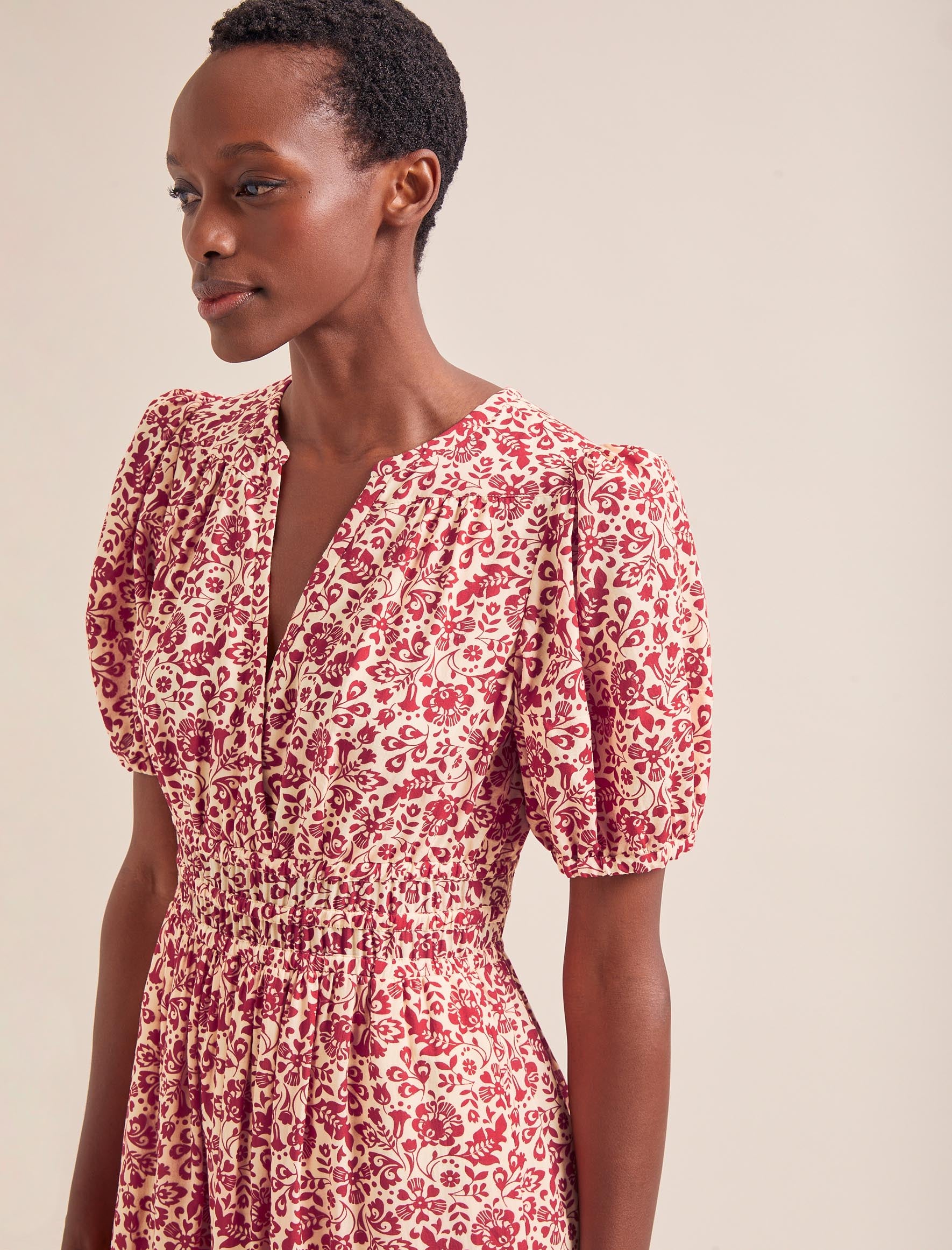 Olive Cotton Blend Midi Dress - Red Mono Floral Print - Image 2