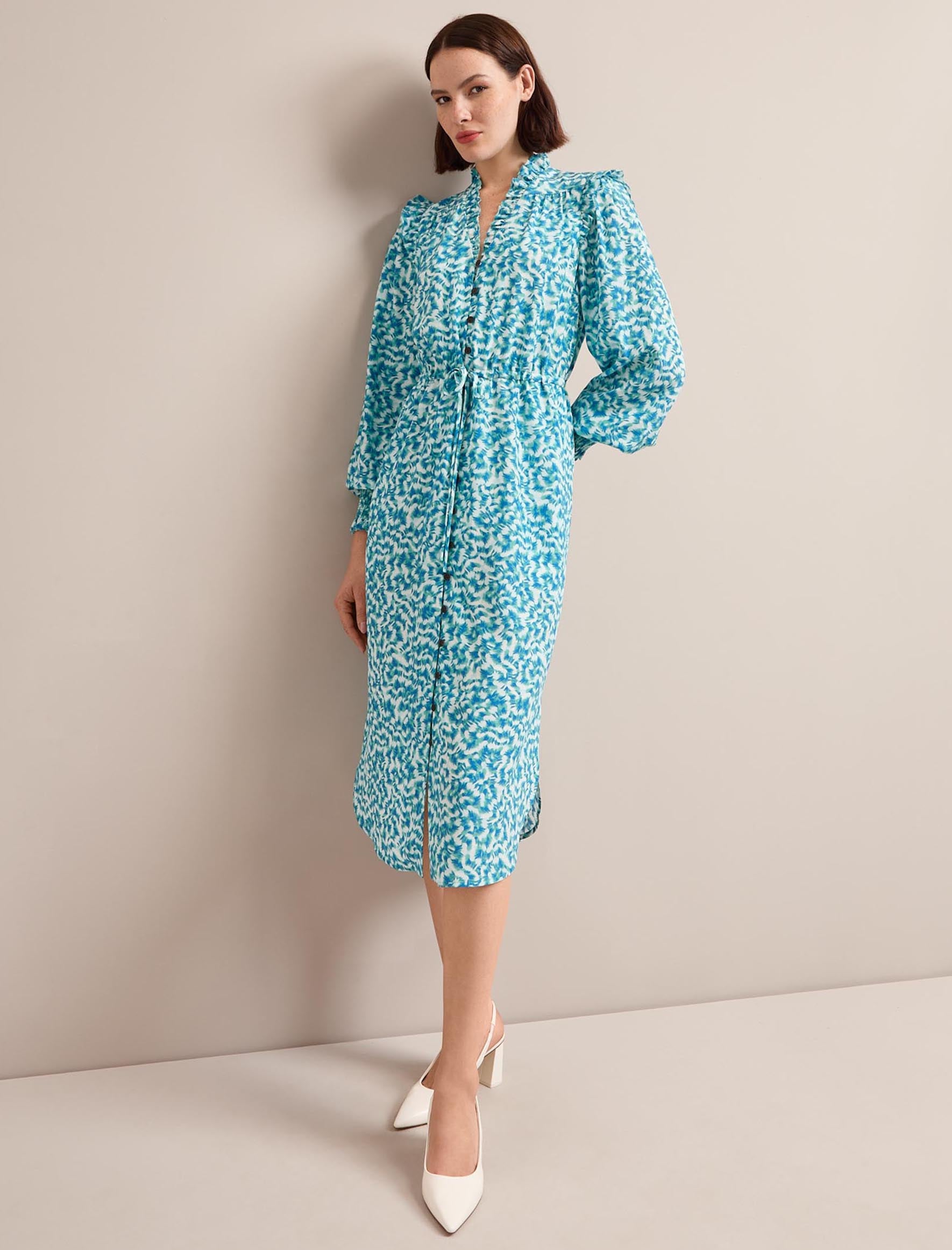 Stella Silk Midi Dress - Blue Green Feather Print - Image 6