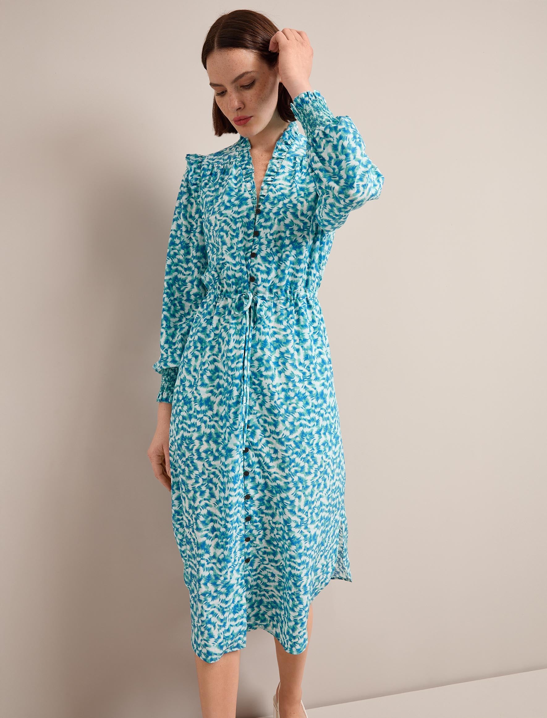 Stella Silk Midi Dress - Blue Green Feather Print - Image 4