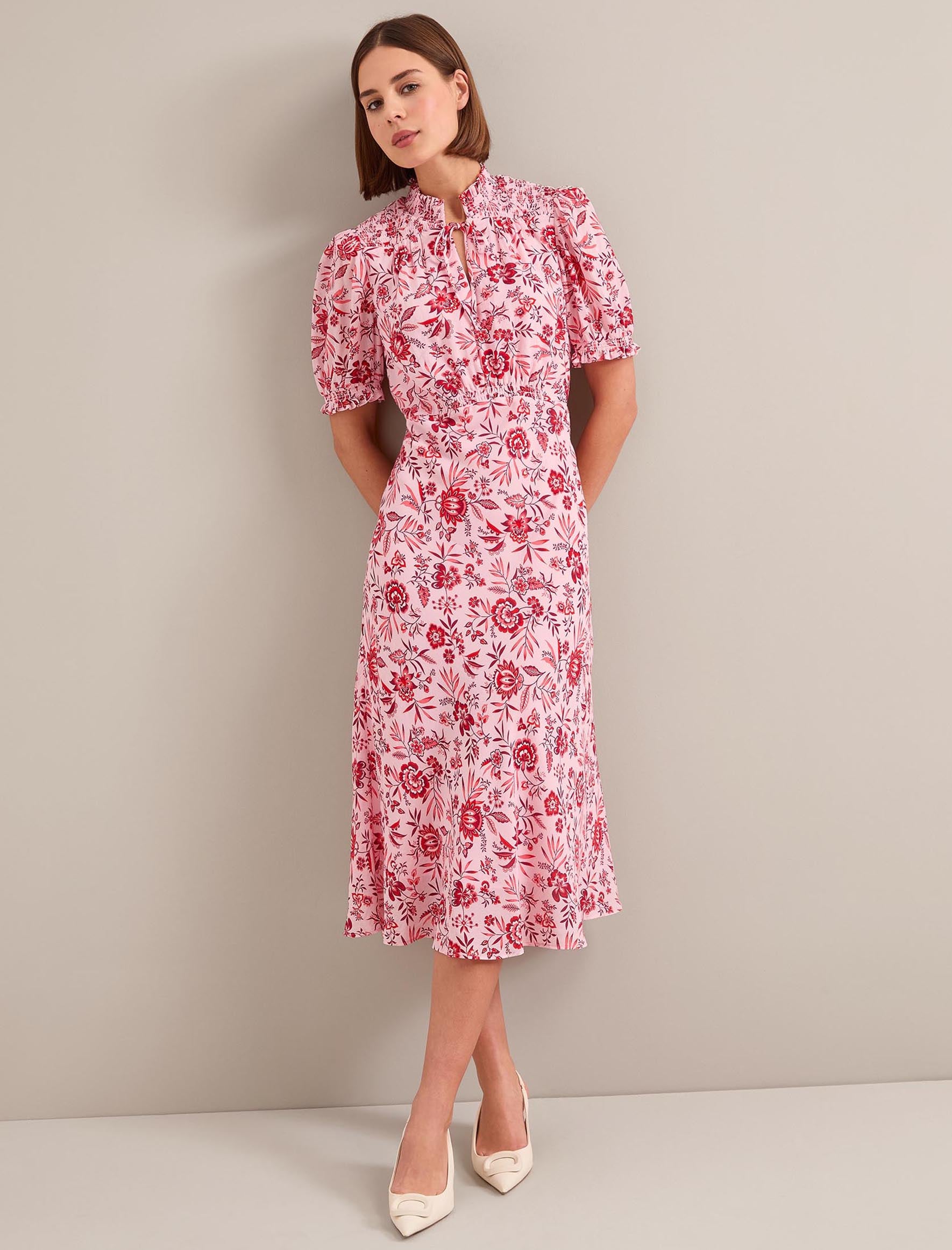 Irina Cotton Blend Midi Dress - Pink Palm Floral Print - Image 5