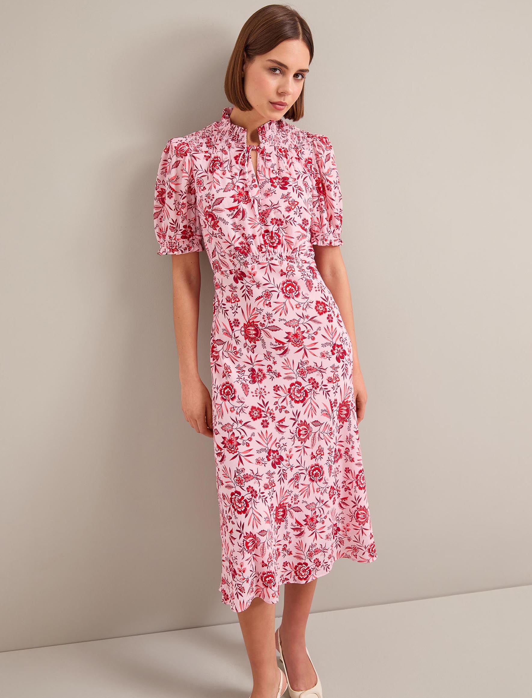 Irina Cotton Blend Midi Dress - Pink Palm Floral Print - Image 6