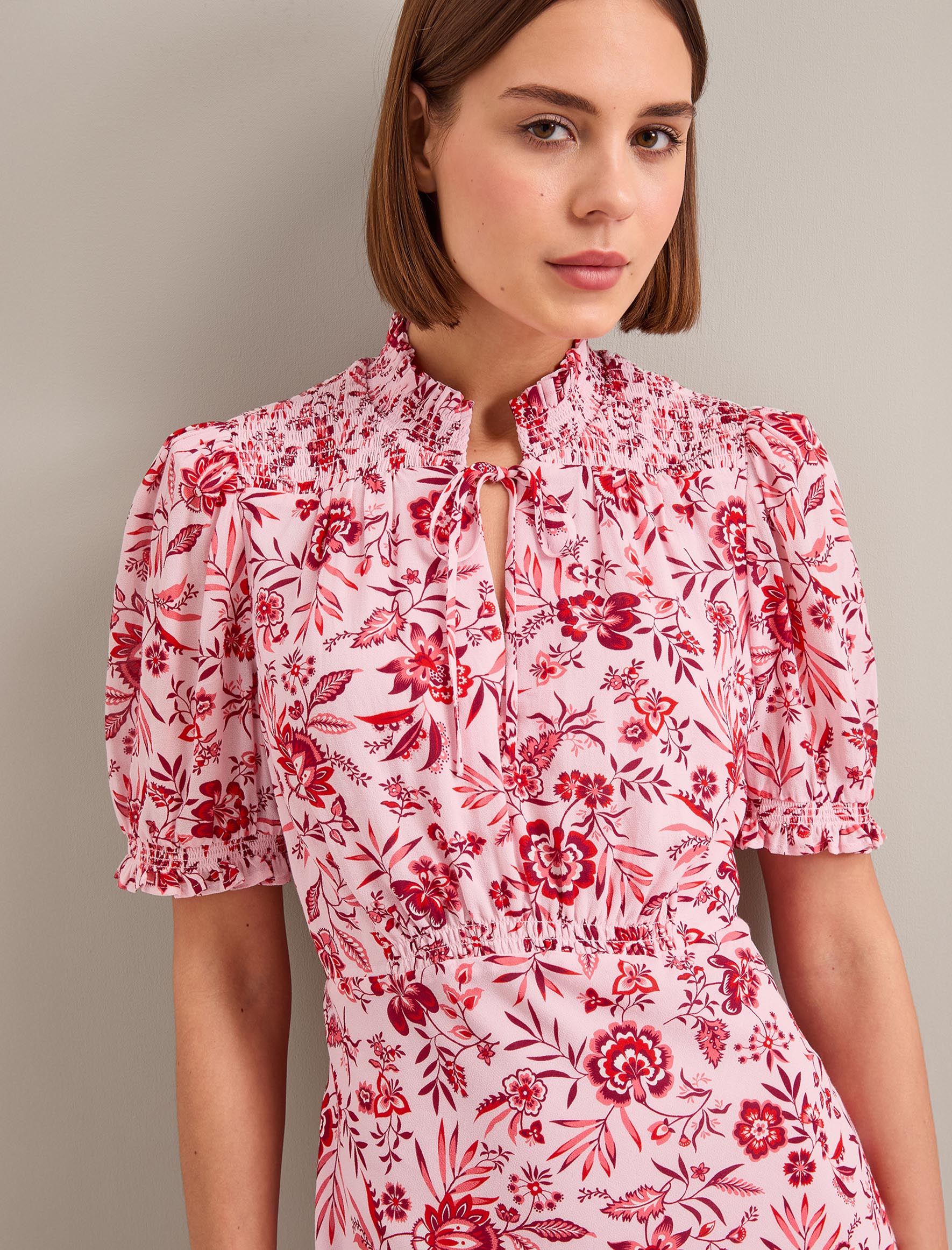 Irina Cotton Blend Midi Dress - Pink Palm Floral Print - Image 4