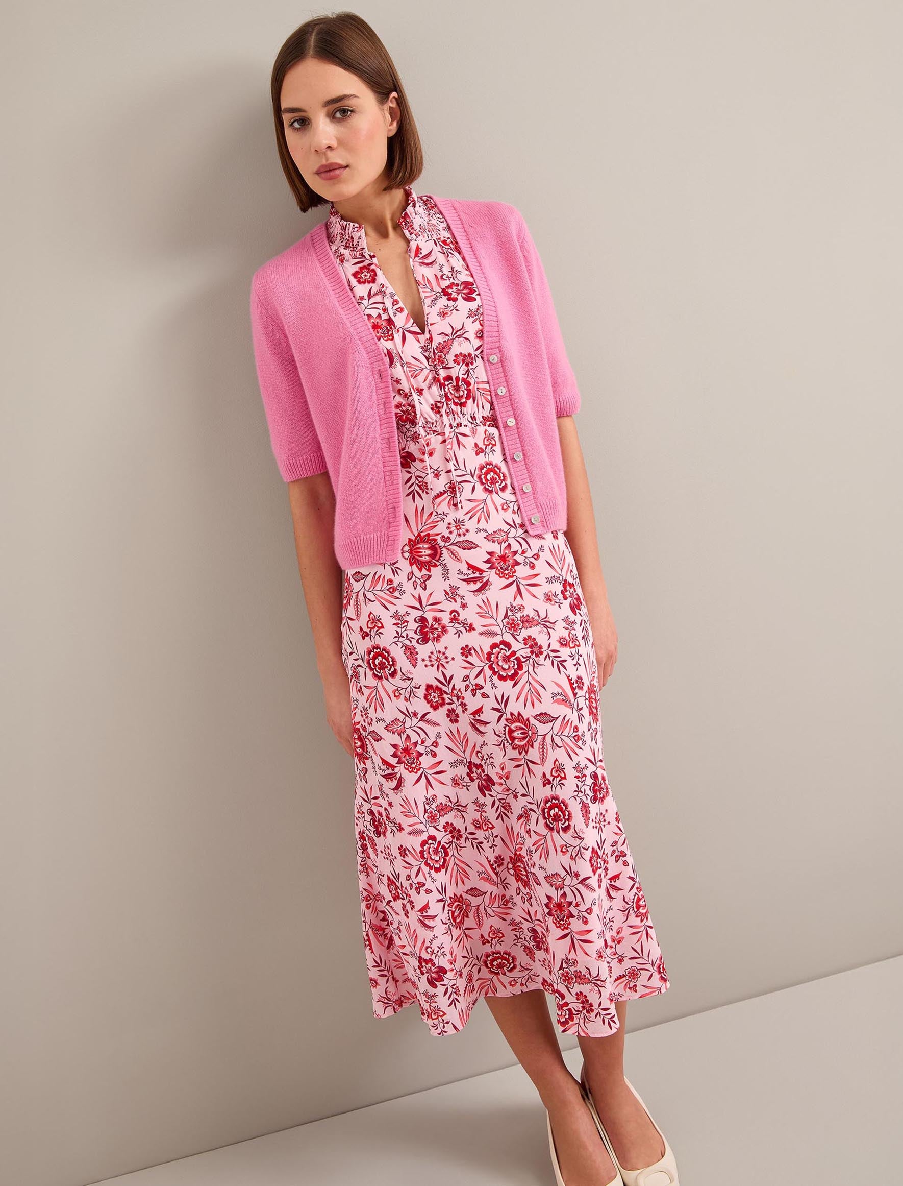 Irina Cotton Blend Midi Dress - Pink Palm Floral Print - Image 10