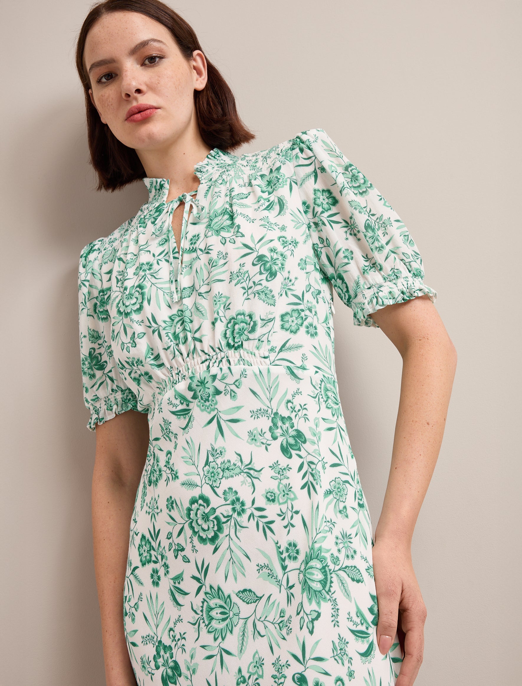 Irina Cotton Blend Midi Dress - Green Palm Floral Print