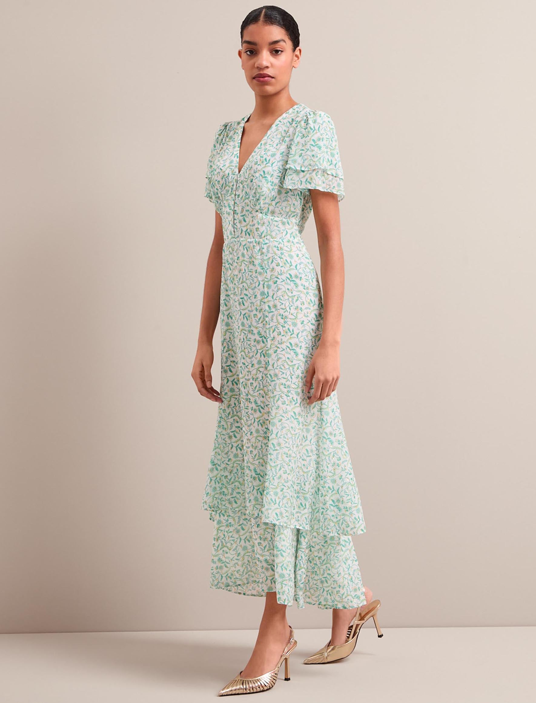 Lotta Gold Metallic Fil Coupé Maxi Dress - Green Yellow Trailing Feather Print - Image 9