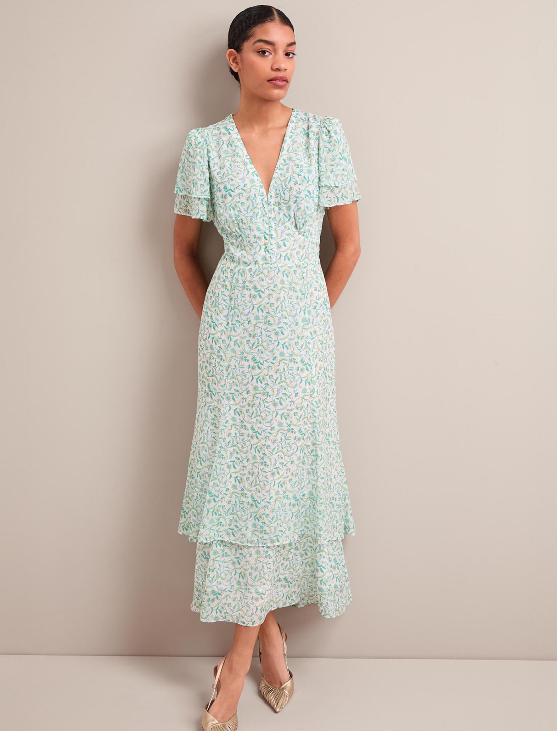 Lotta Gold Metallic Fil Coupé Maxi Dress - Green Yellow Trailing Feather Print - Image 6