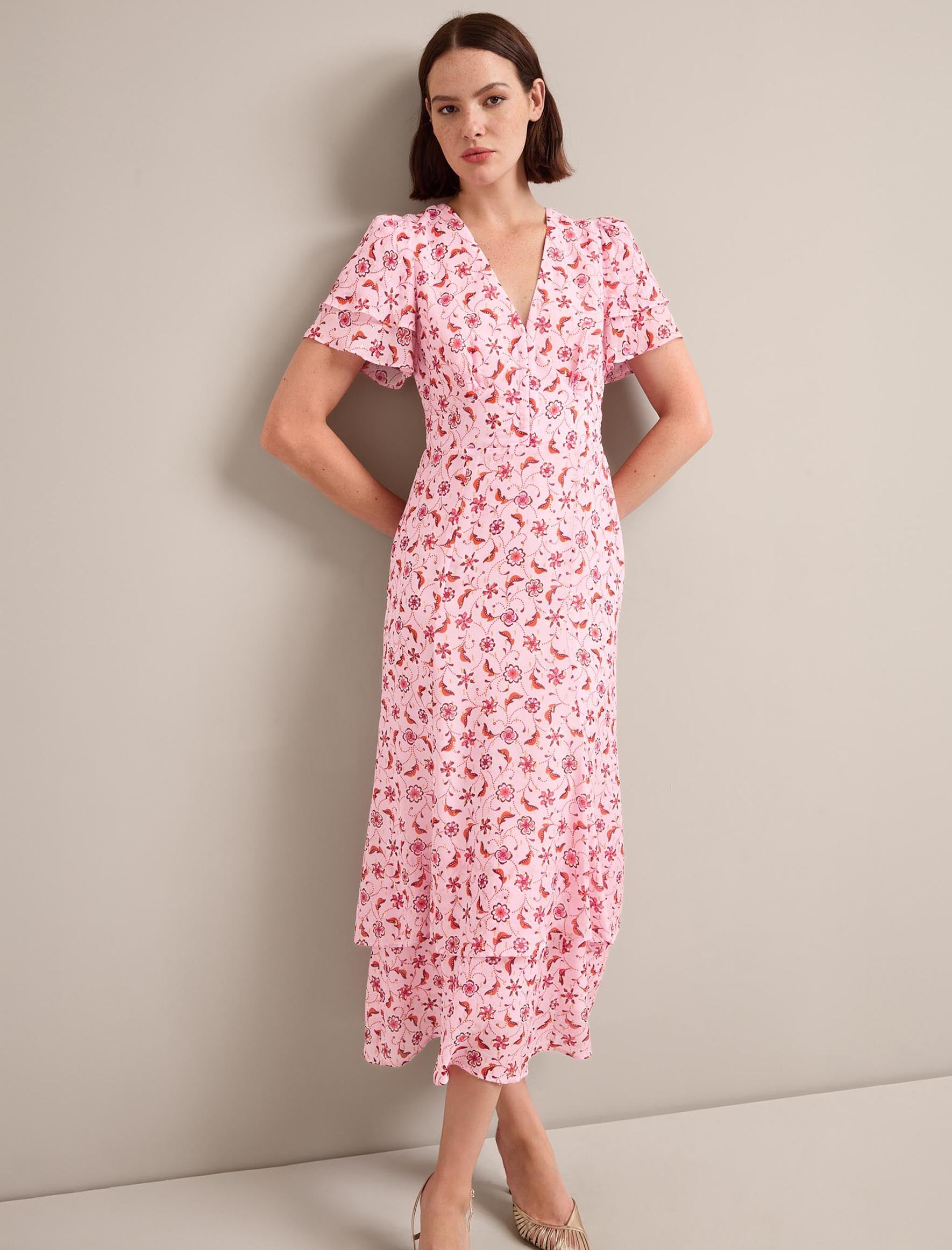 Lotta Gold Metallic Fil Coupé Maxi Dress - Pink Floral Trellis Print - Image 6