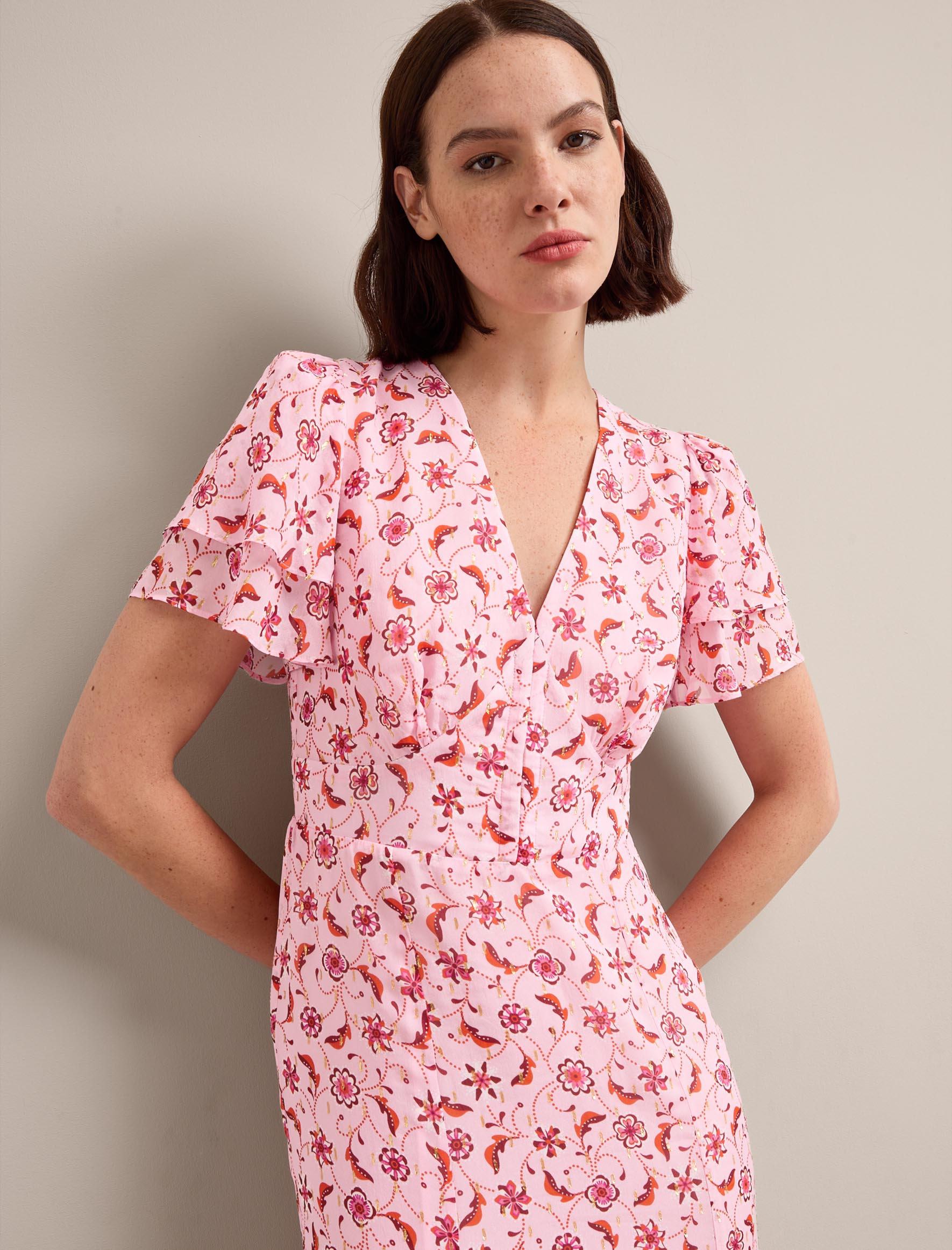 Lotta Gold Metallic Fil Coupé Maxi Dress - Pink Floral Trellis Print - Image 7