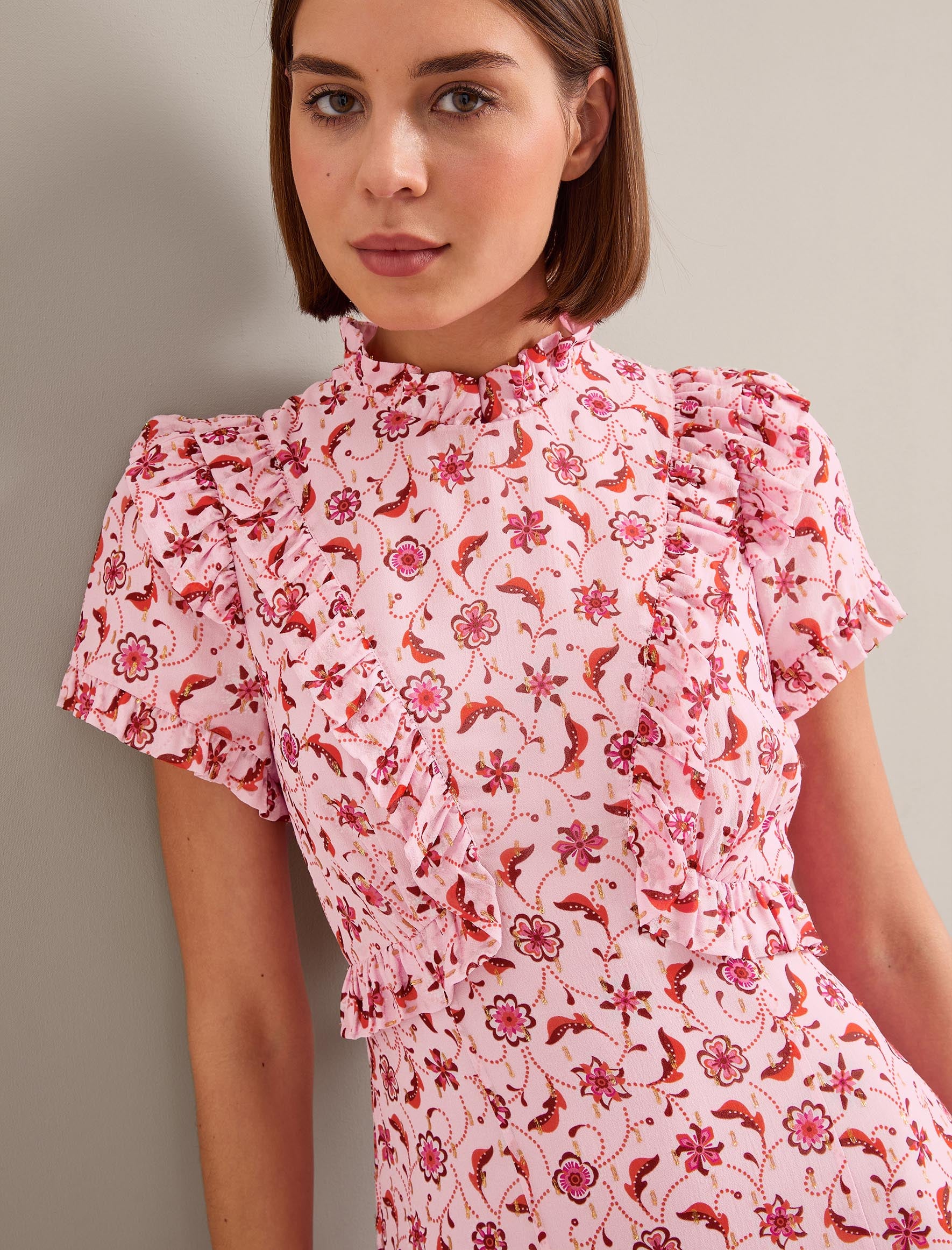 Mirabel Gold Metallic Fil Coupé Maxi Dress - Pink Floral Trellis Print - Image 8