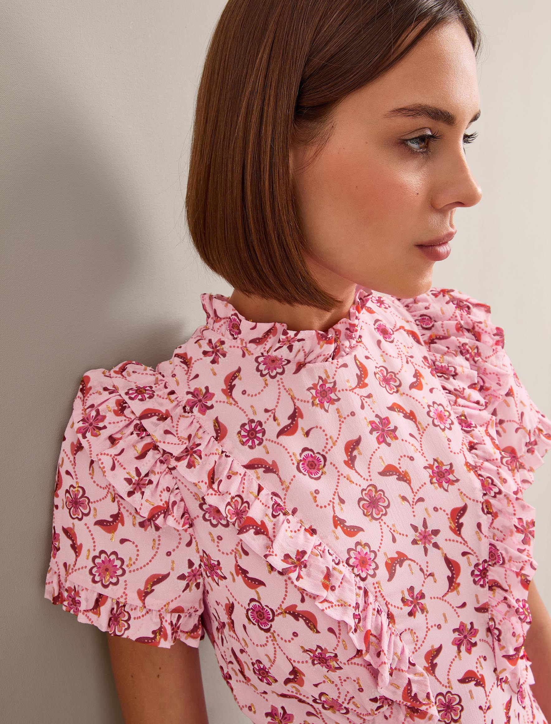 Mirabel Gold Metallic Fil Coupé Maxi Dress - Pink Floral Trellis Print - Image 5