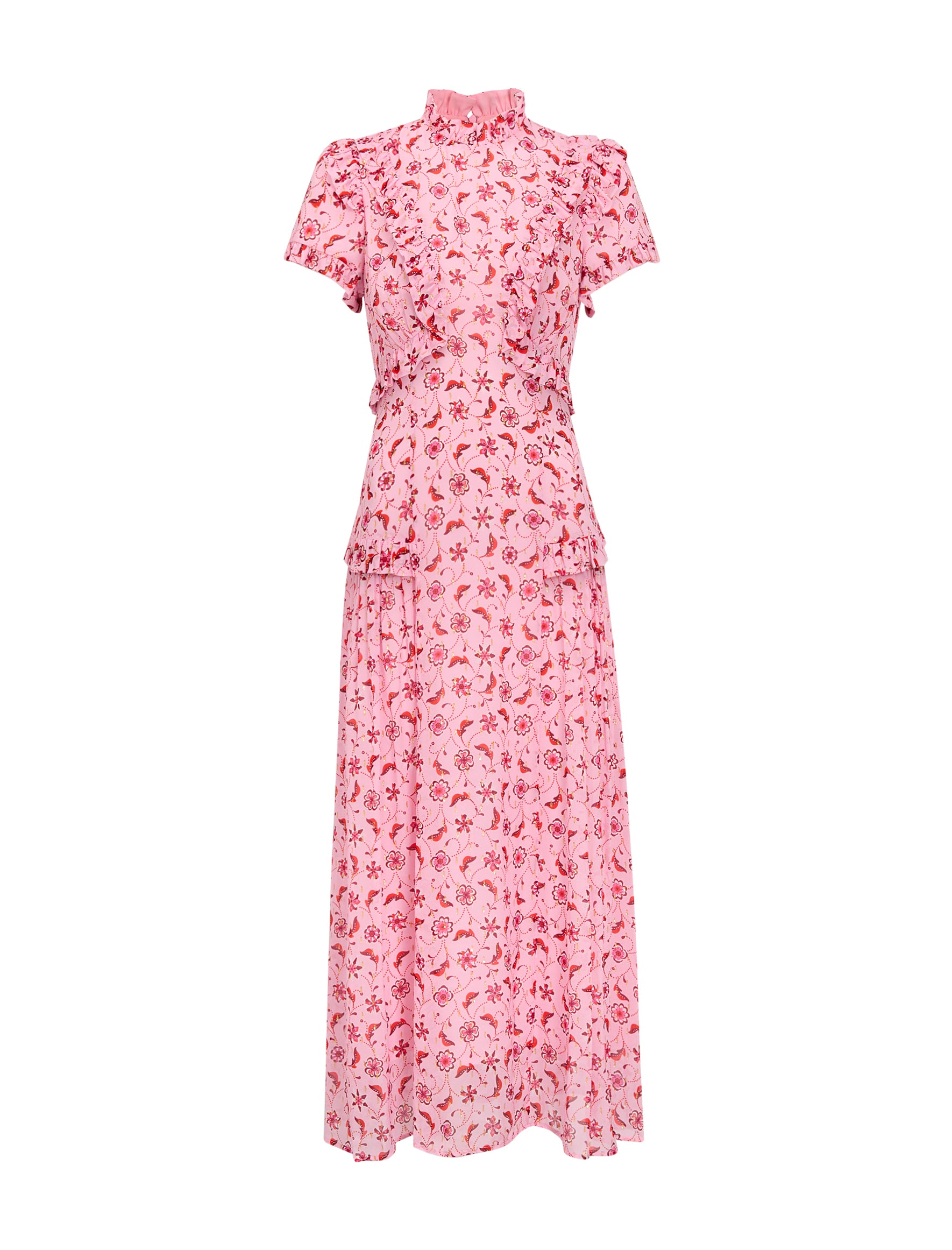 Mirabel Gold Metallic Fil Coupé Maxi Dress - Pink Floral Trellis Print - Image 11