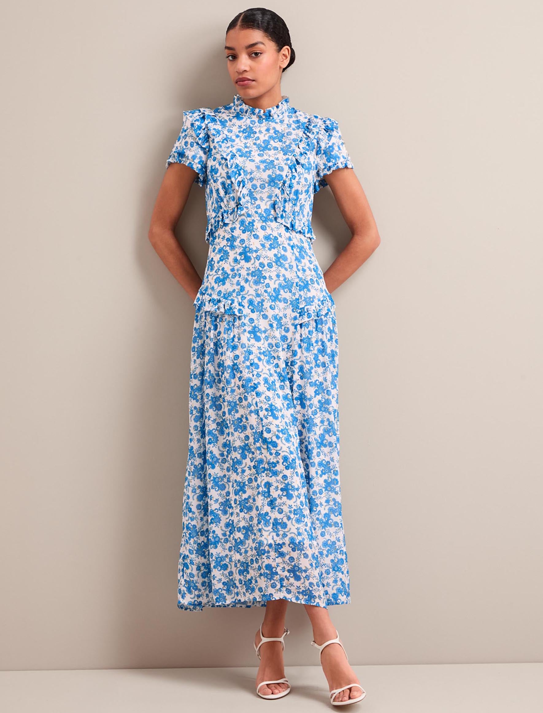 Mirabel Gold Metallic Fil Coupé Maxi Dress - White Blue Paisley Print - Image 4