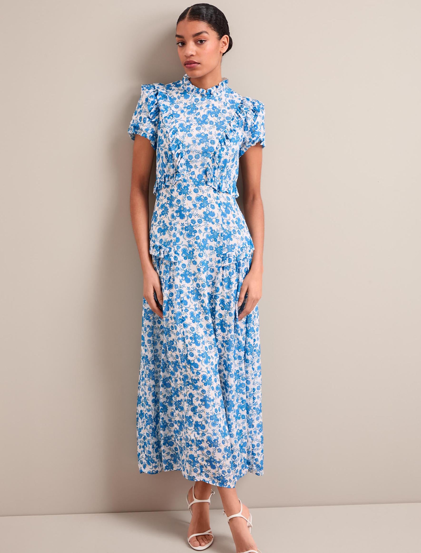 Mirabel Gold Metallic Fil Coupé Maxi Dress - White Blue Paisley Print - Image 9