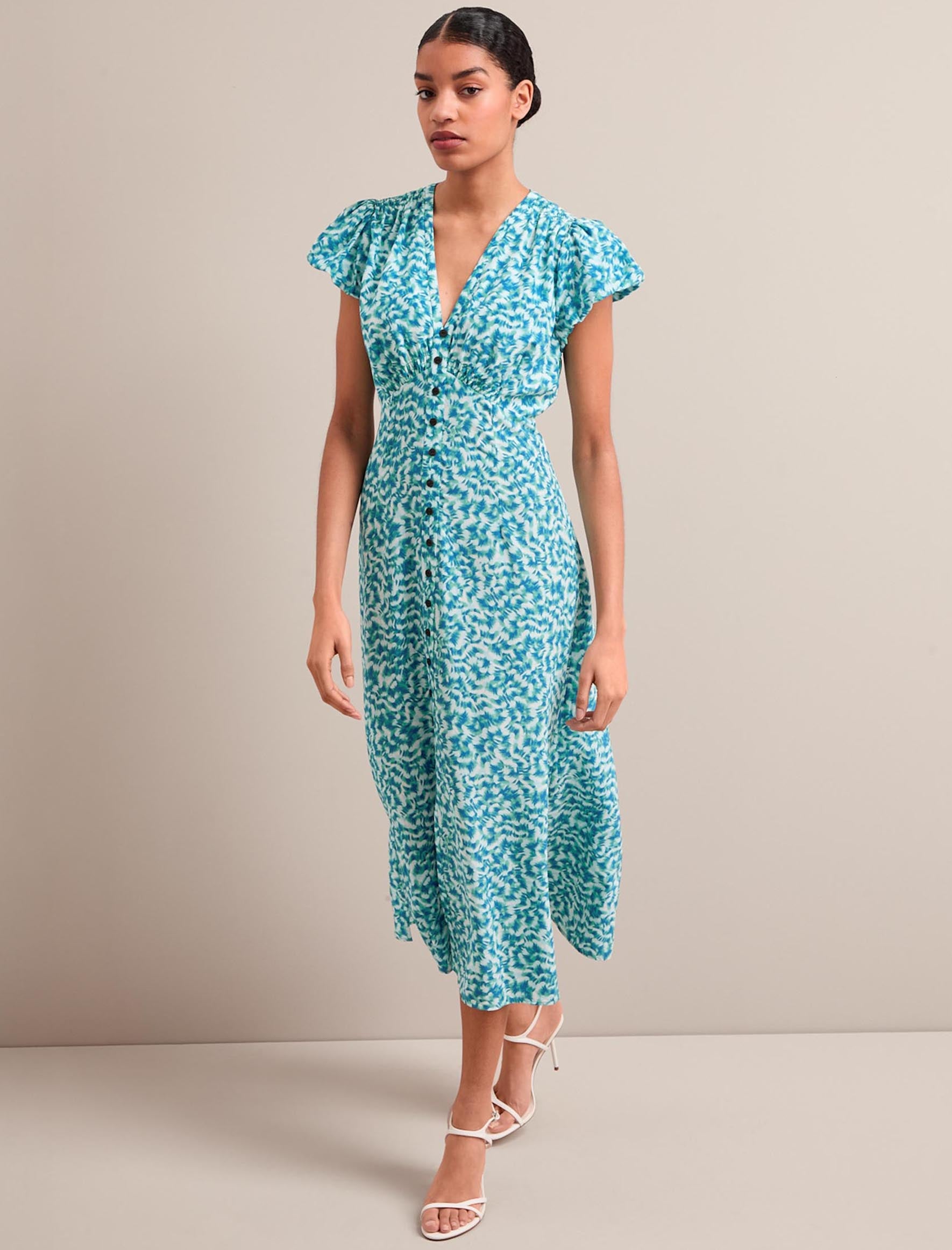 Leila Silk Maxi Dress - Blue Green Feather Print - Image 7