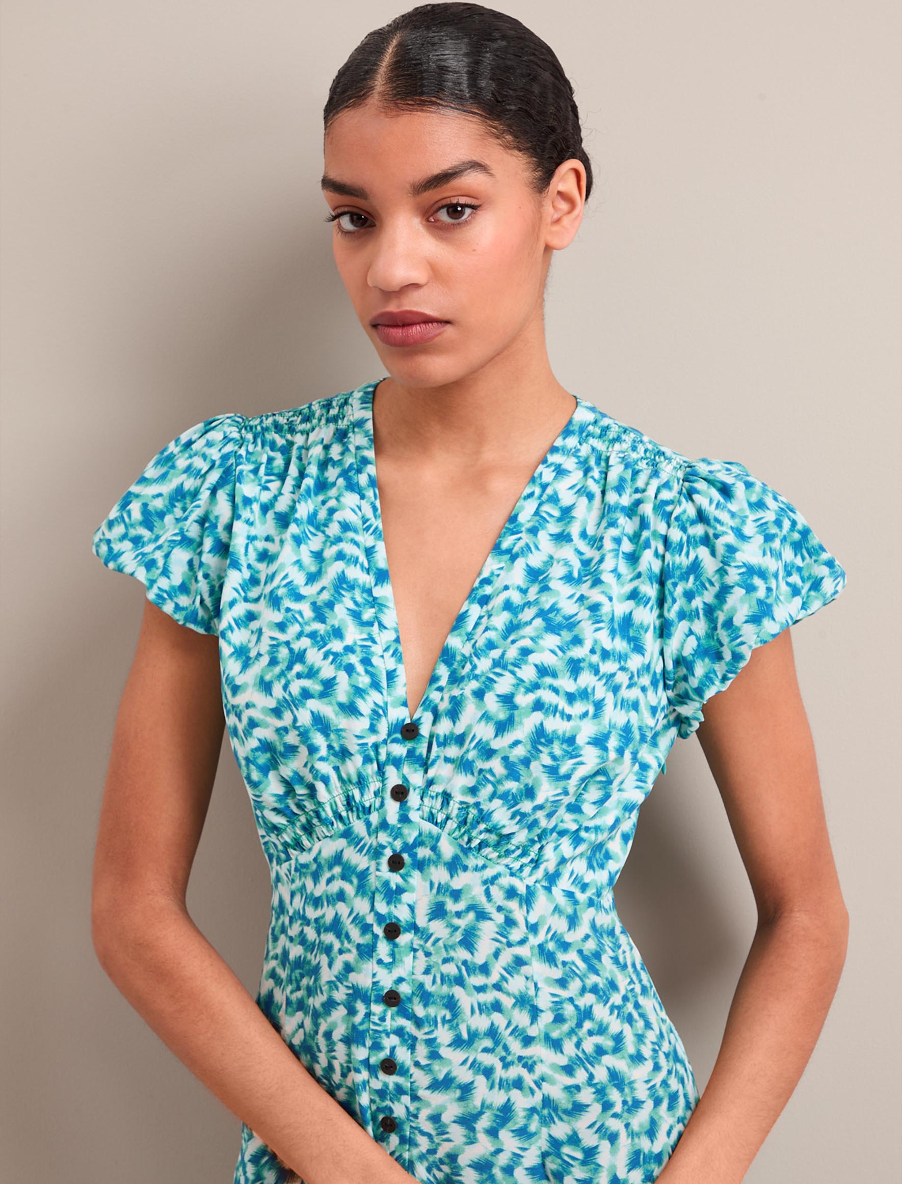 Leila Silk Maxi Dress - Blue Green Feather Print - Image 6