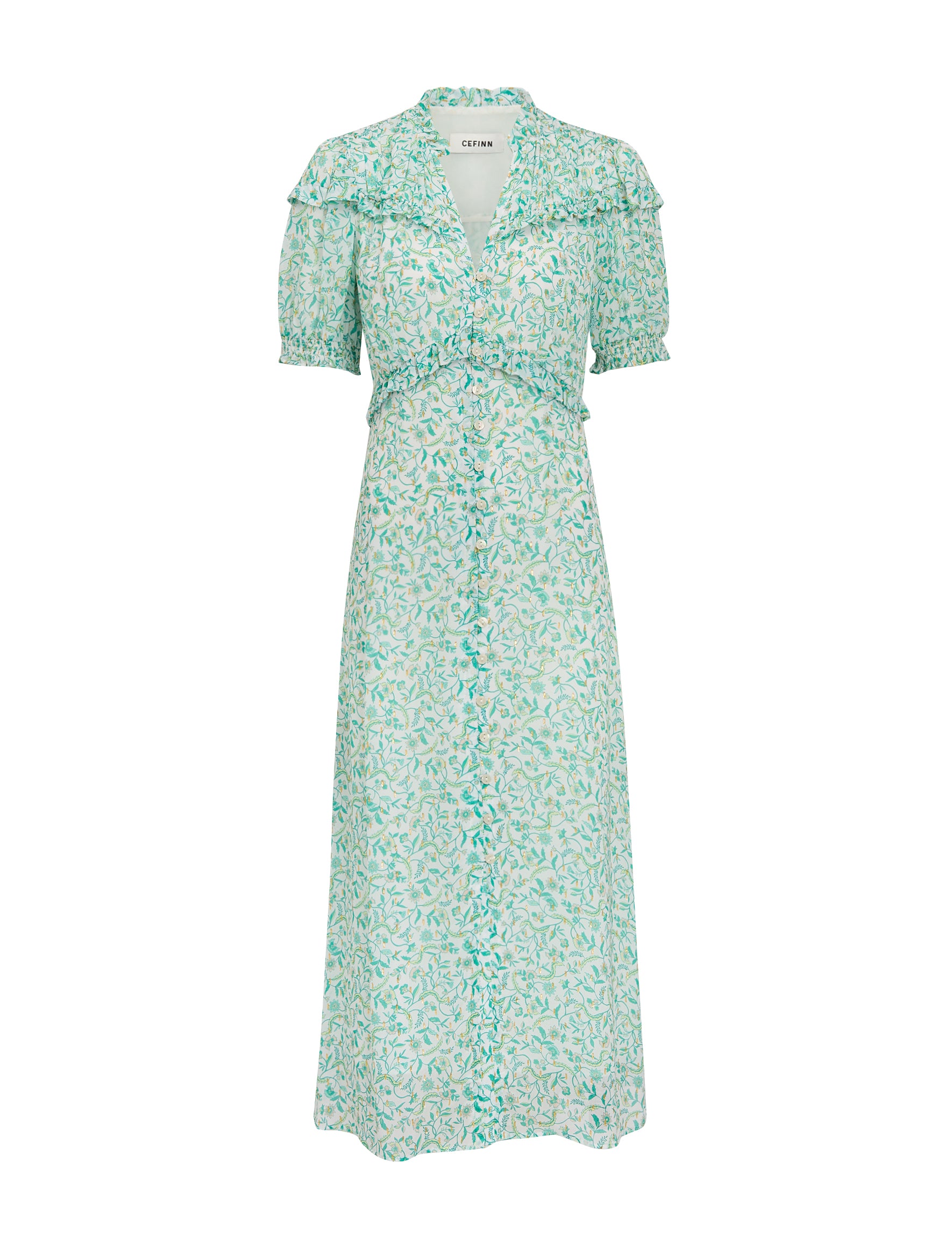 Viola Gold Metallic Fil Coupé Midi Dress - Green Yellow Trailing Feather Print - Image 13