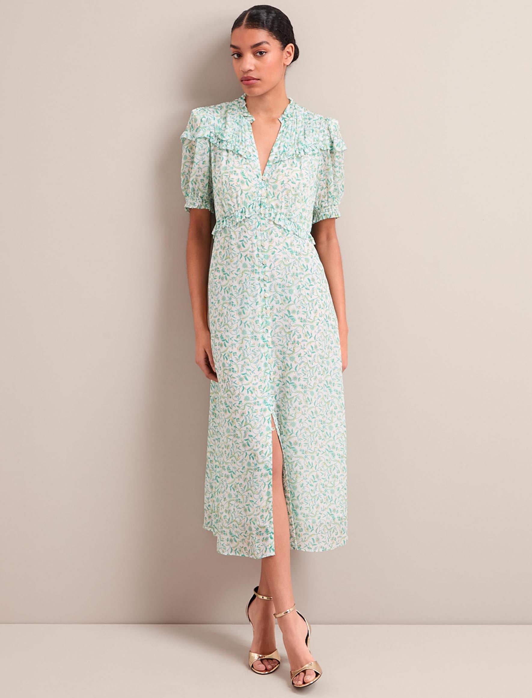 Viola Gold Metallic Fil Coupé Midi Dress - Green Yellow Trailing Feather Print