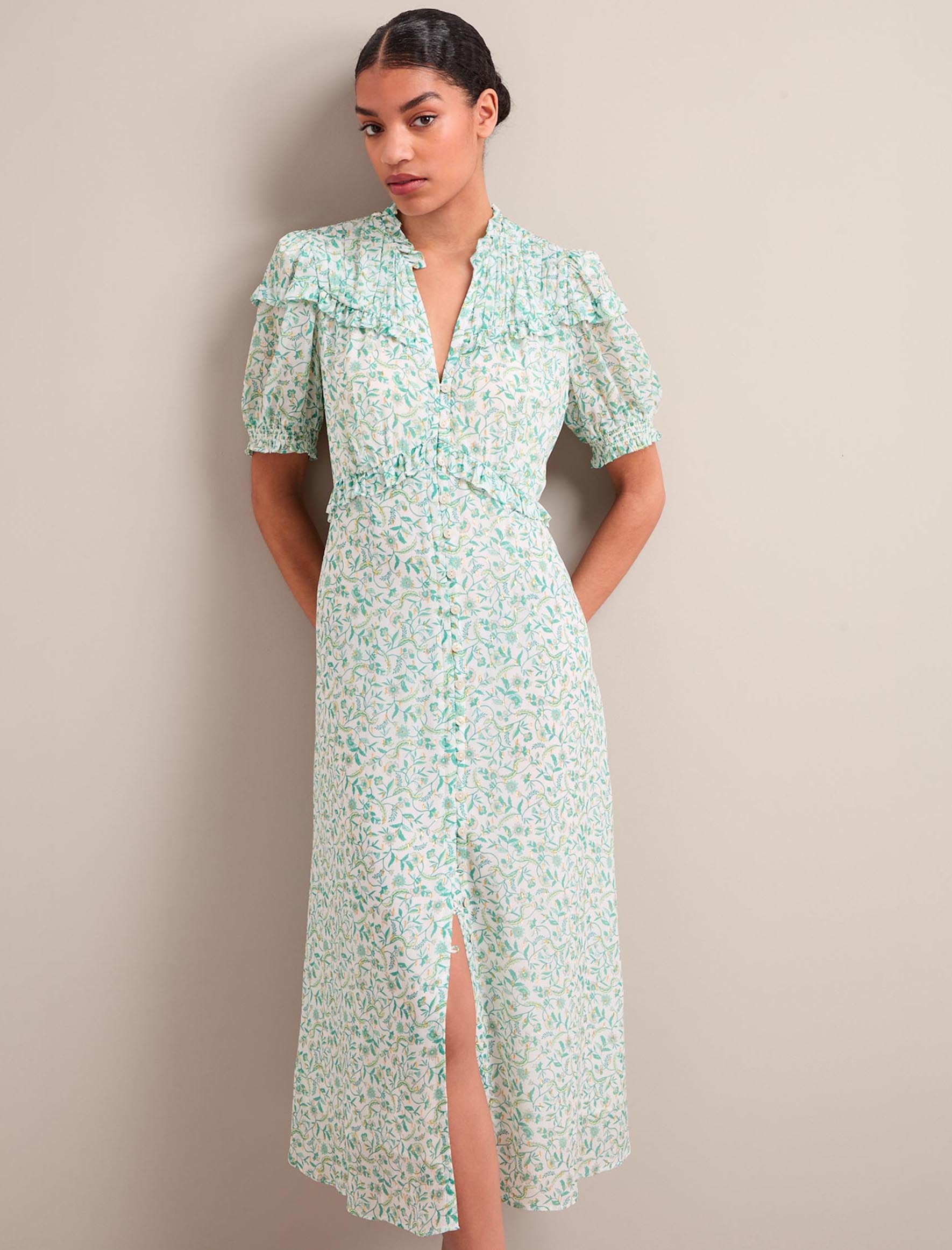 Viola Gold Metallic Fil Coupé Midi Dress - Green Yellow Trailing Feather Print - Image 11