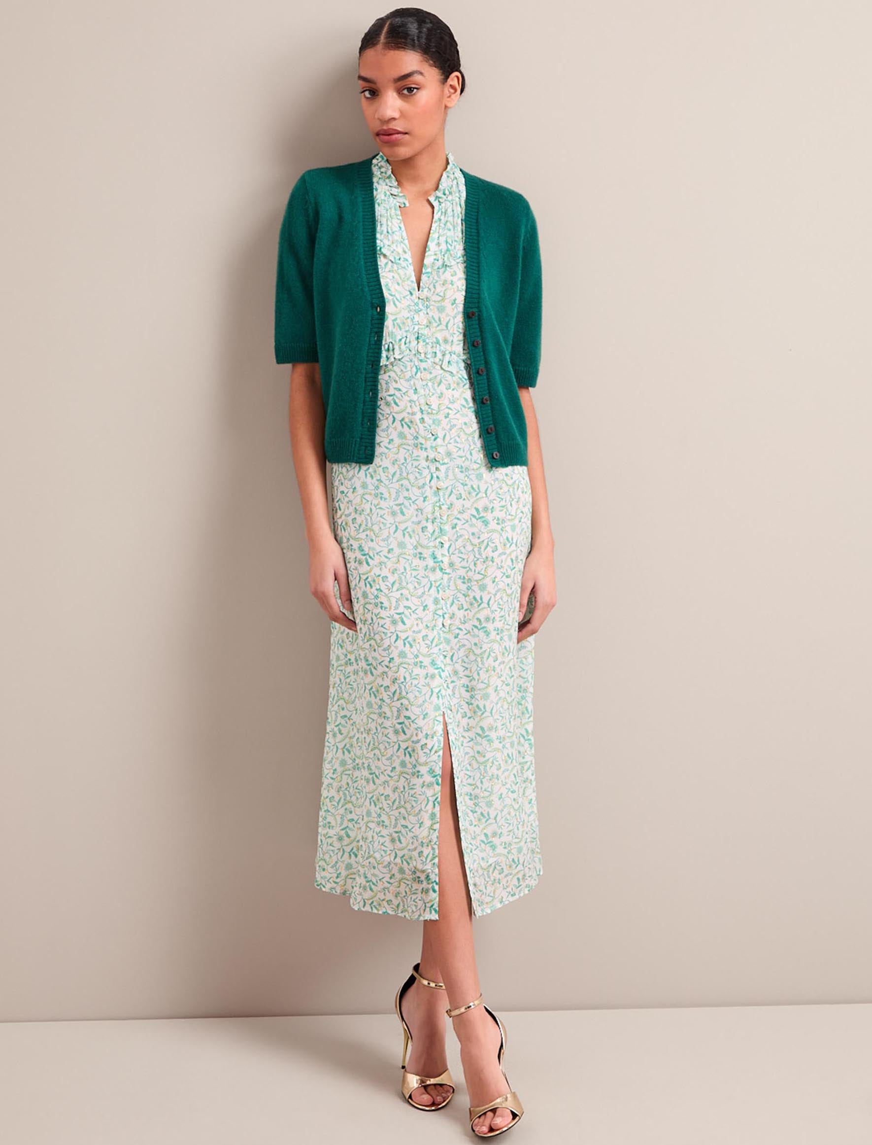 Viola Gold Metallic Fil Coupé Midi Dress - Green Yellow Trailing Feather Print - Image 7