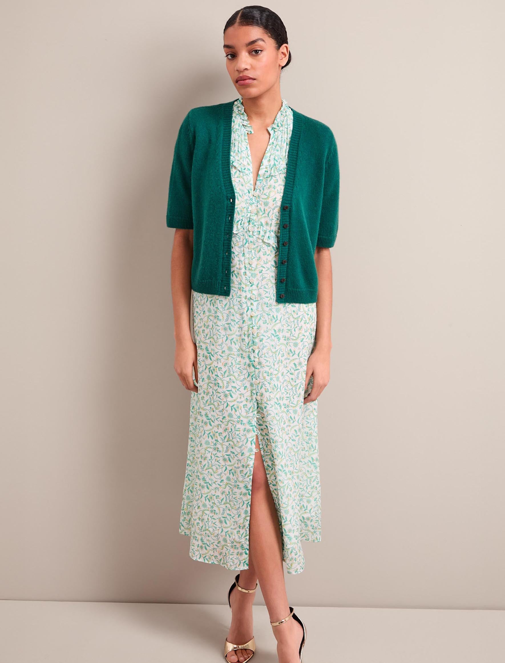 Viola Gold Metallic Fil Coupé Midi Dress - Green Yellow Trailing Feather Print - Image 3