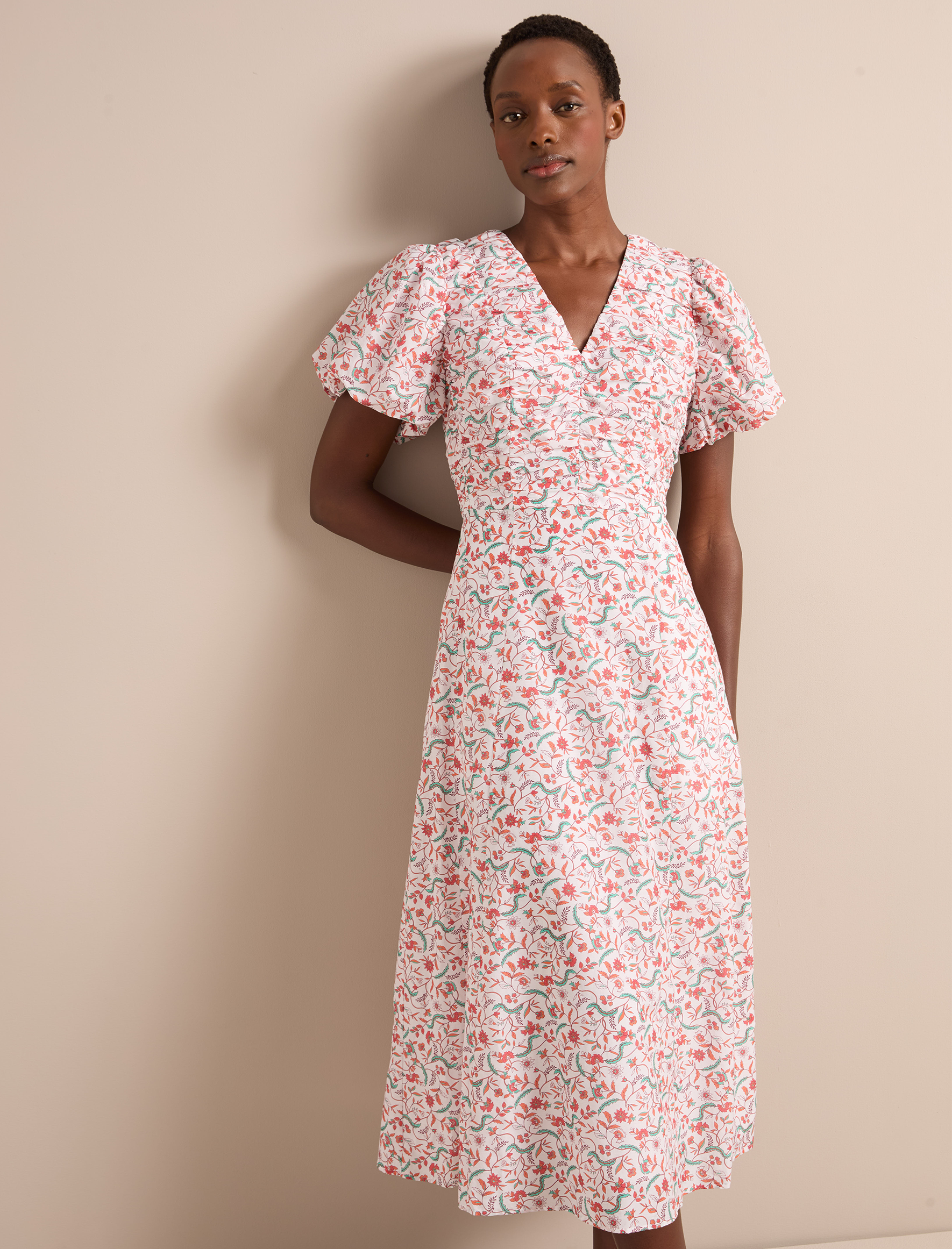 Elisa Silk Blend Midi Dress - Red Trailing Feather Print - Image 3