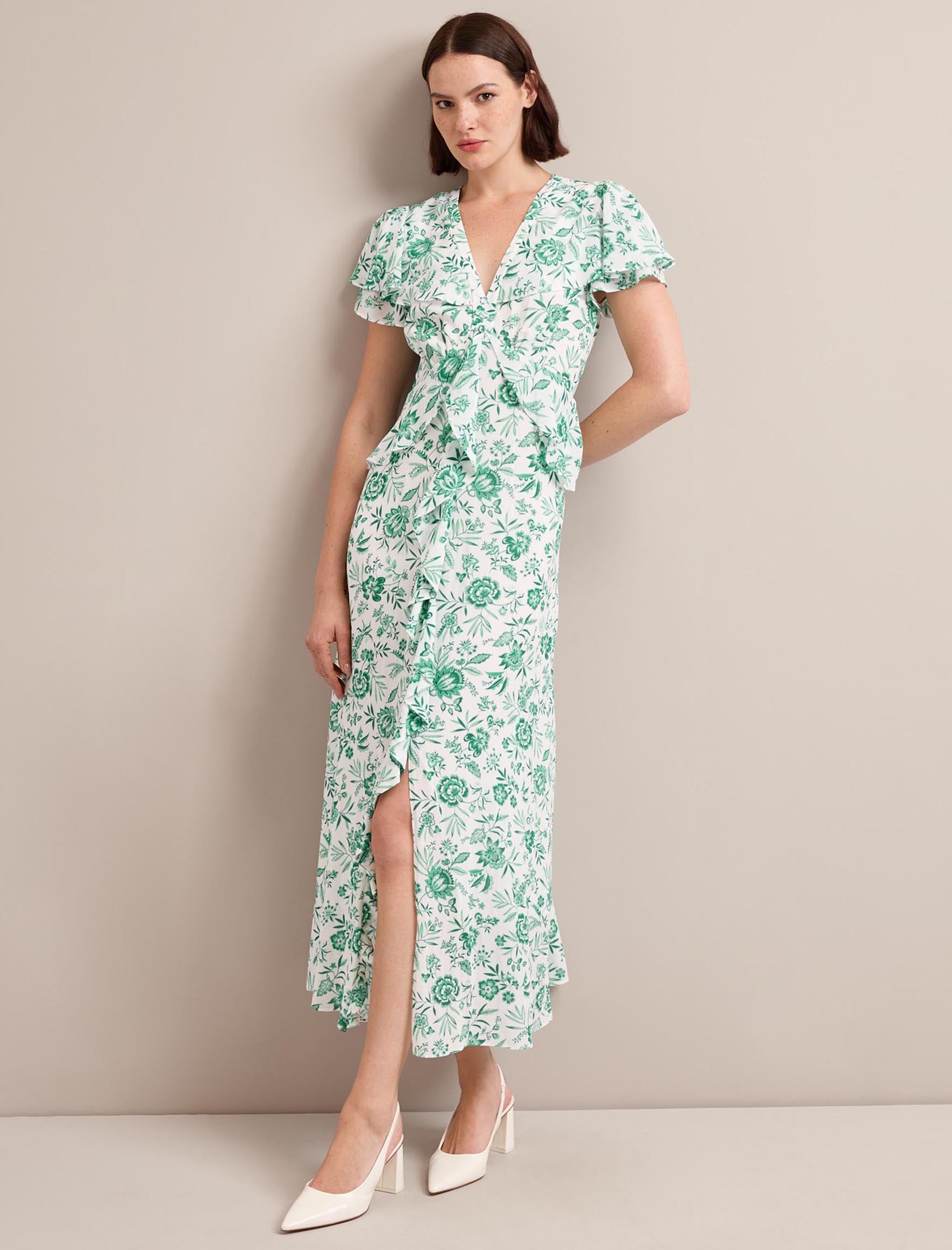 Vivienne Cotton Blend Maxi Dress - Green Palm Floral Print