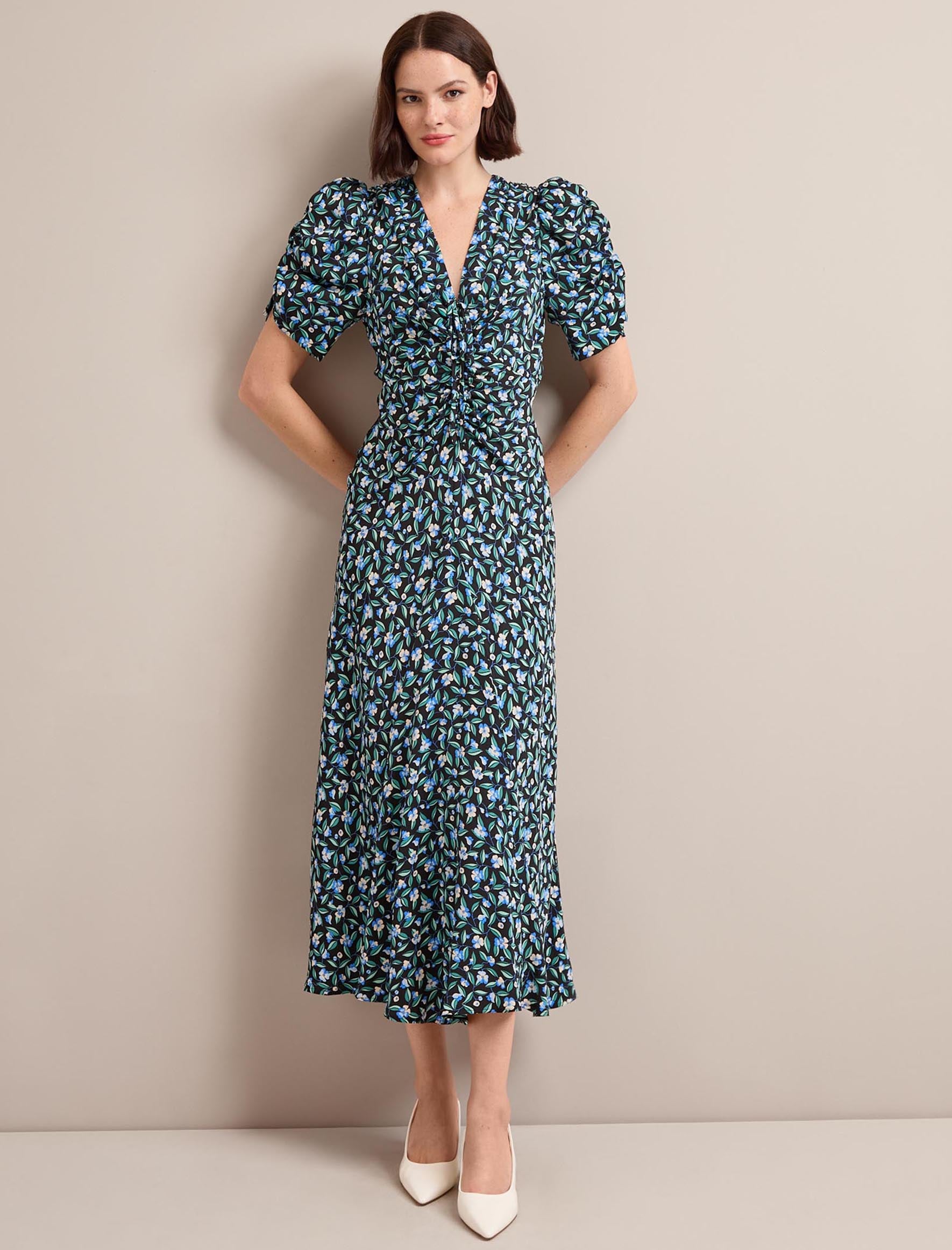 Ophelia Bias Cut Maxi Dress - Black Blue Deco Floral Print - Image 6