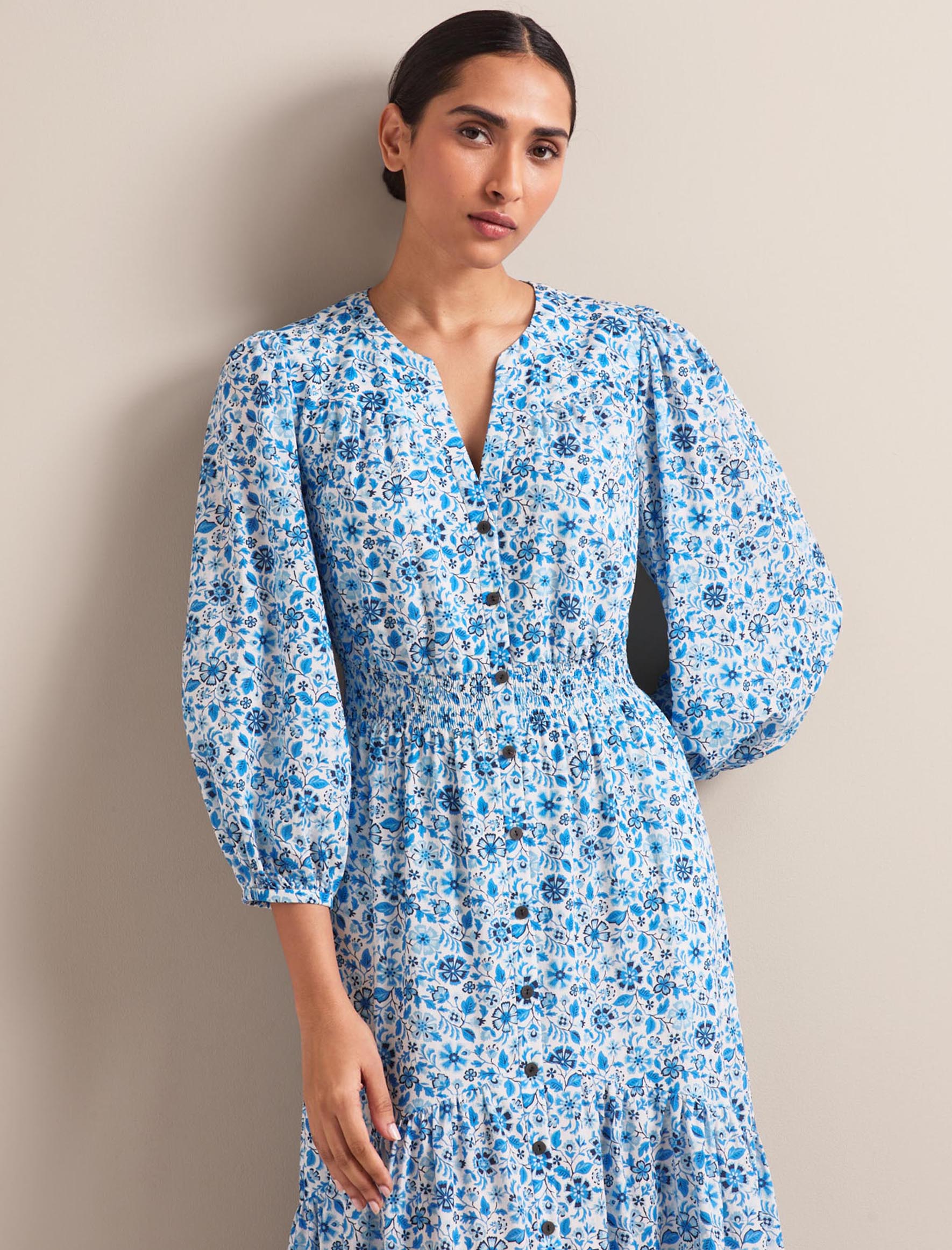 Aspen Cotton Blend Maxi Dress - White Blue Ditsy Carnation Print - Image 8