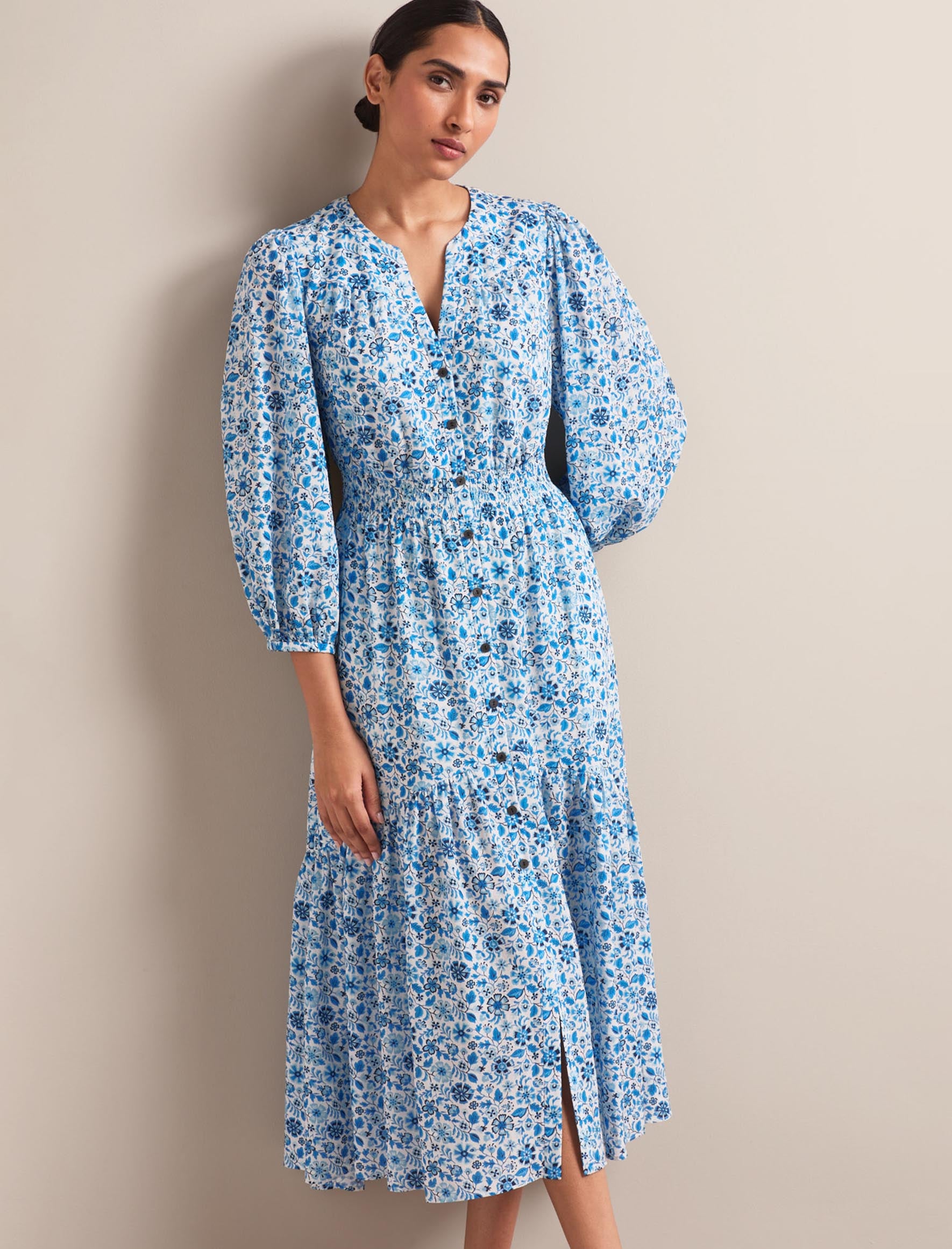 Aspen Cotton Blend Maxi Dress - White Blue Ditsy Carnation Print - Image 11
