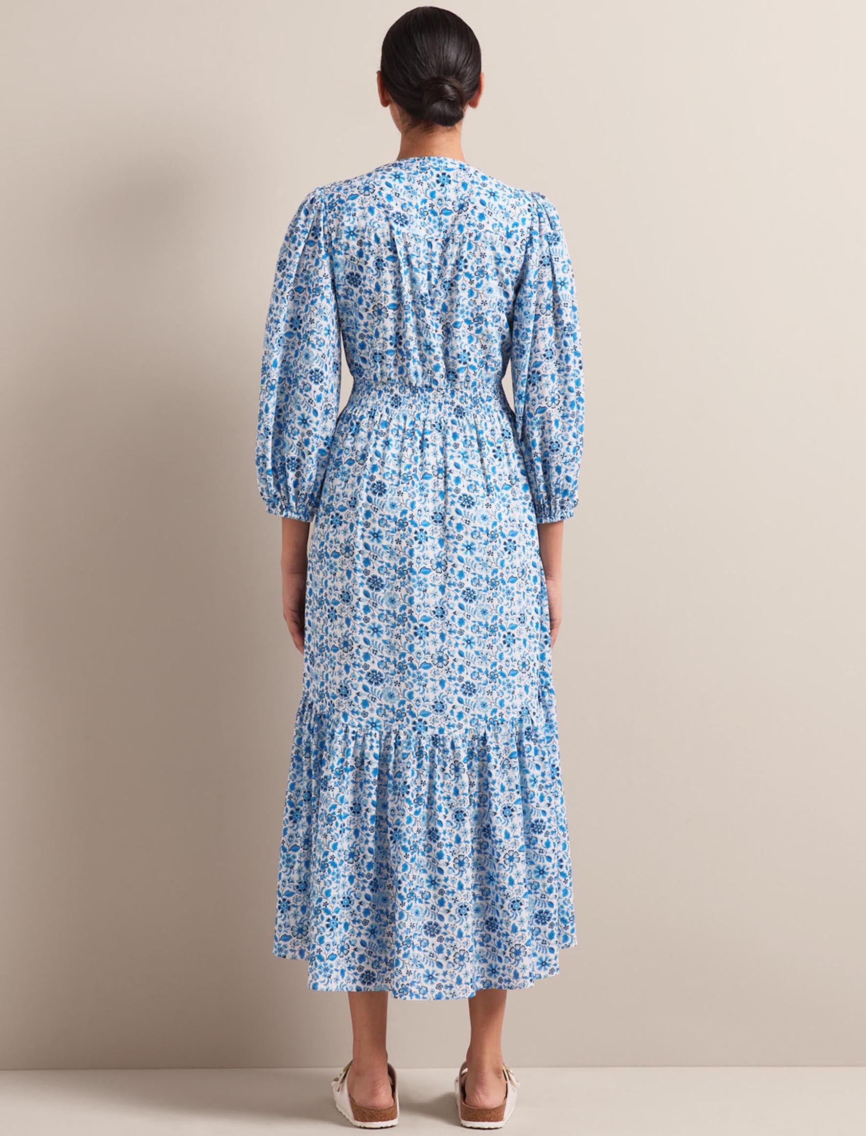 Aspen Cotton Blend Maxi Dress - White Blue Ditsy Carnation Print - Image 13