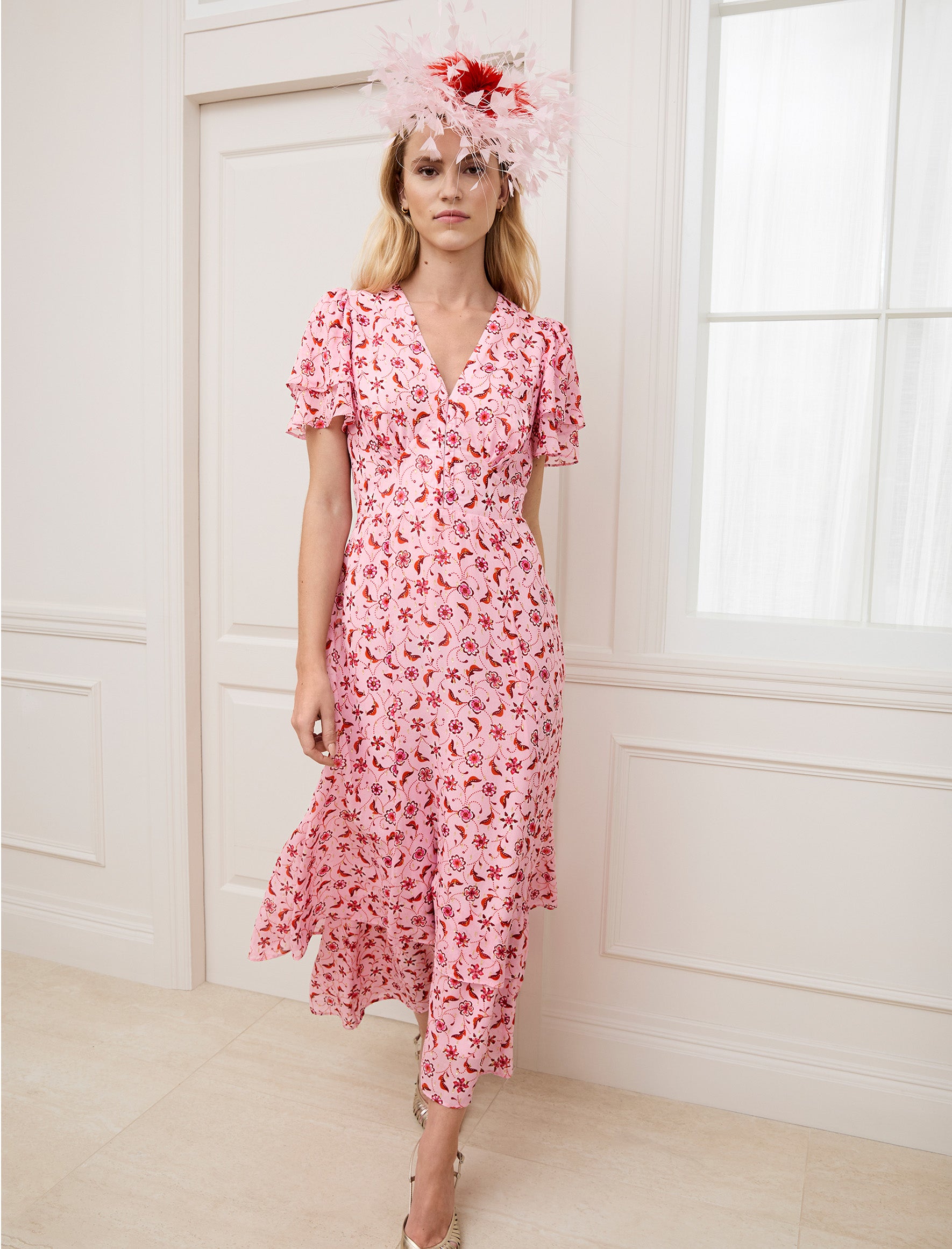 Lotta Gold Metallic Fil Coupé Maxi Dress - Pink Floral Trellis Print - Image 3